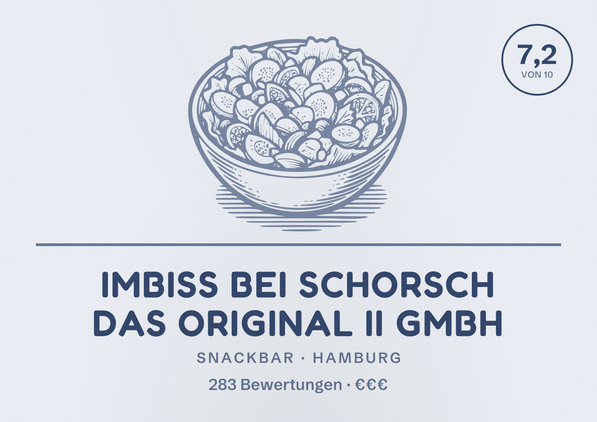 Illustriertes Poster von Imbiss bei Schorsch das Original II GmbH, Snackbar in Hamburg: Bewertung 7,2 von 10 aus 283 Bewertungen, Preisniveau €€€