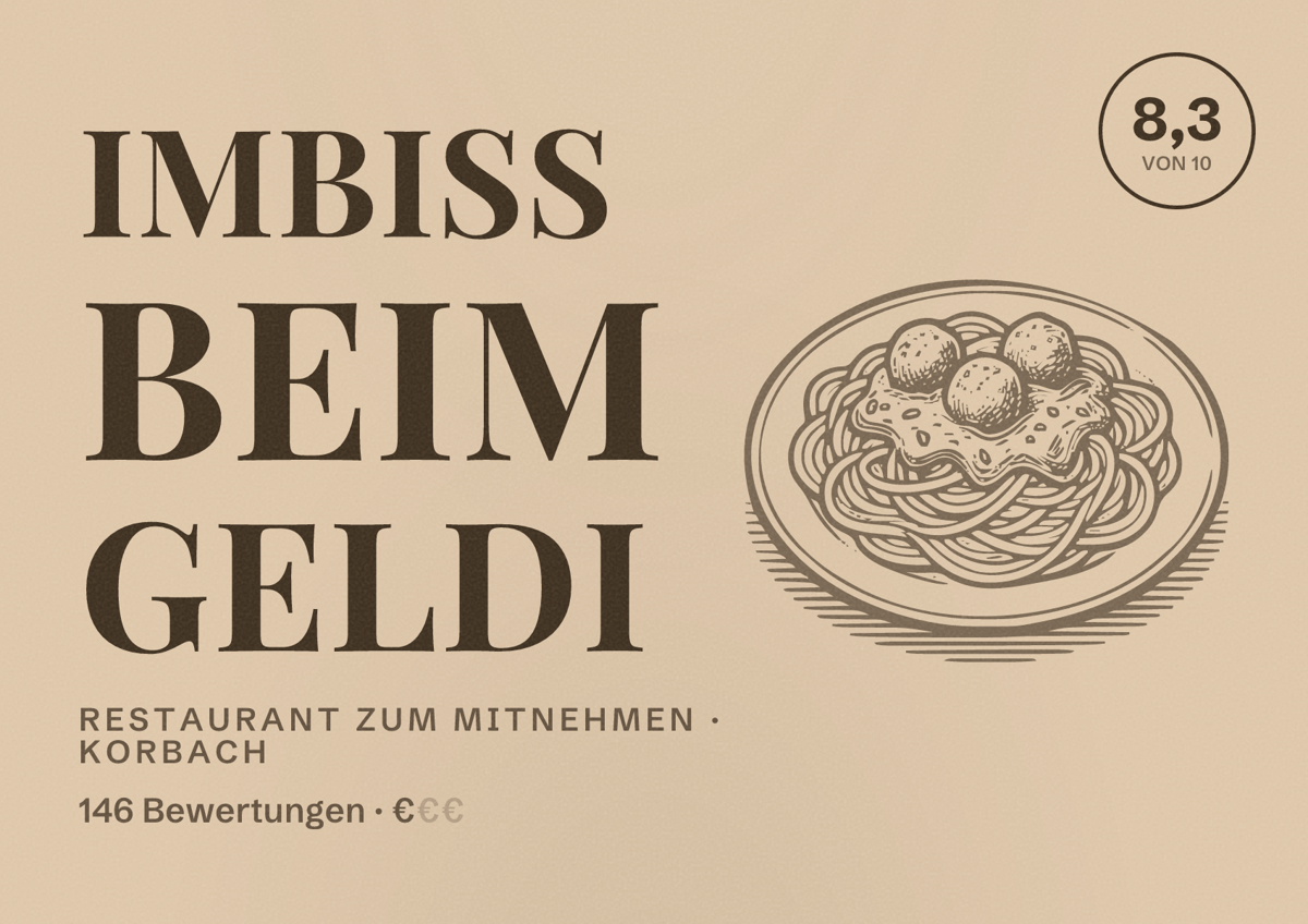 Illustriertes Poster von Imbiss Beim Geldi, Restaurant zum Mitnehmen in Korbach: Bewertung 8,3 von 10 aus 146 Bewertungen, Preisniveau €