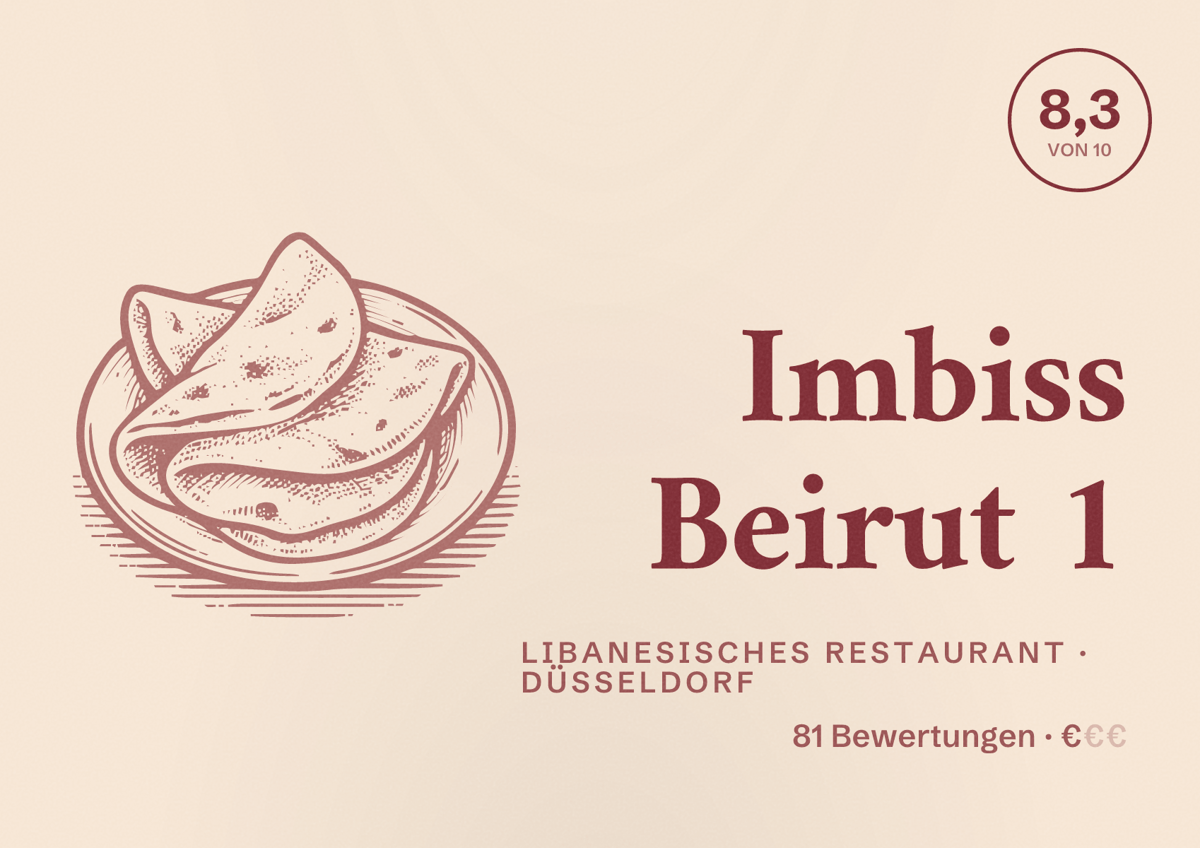 Illustriertes Poster von Imbiss Beirut 1, Libanesisches Restaurant in Düsseldorf: Bewertung 8,3 von 10 aus 81 Bewertungen, Preisniveau €
