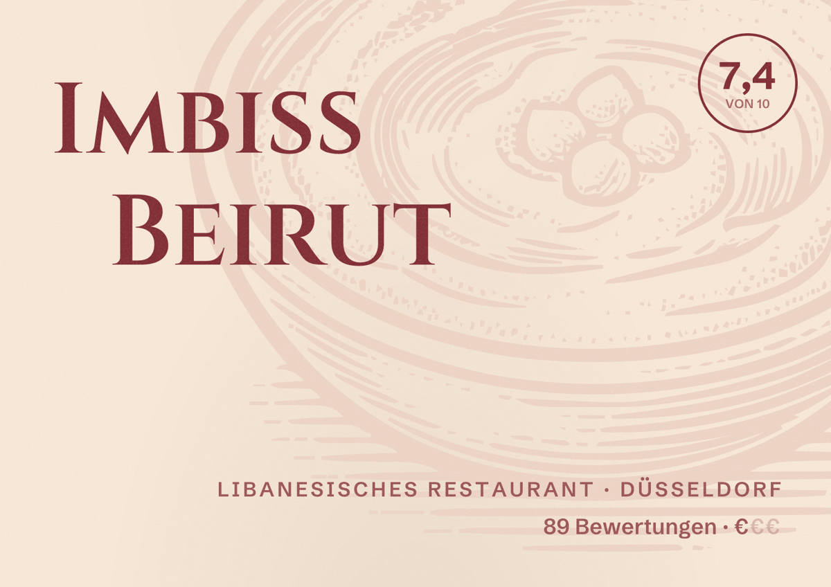Illustriertes Poster von Imbiss Beirut, Libanesisches Restaurant in Düsseldorf: Bewertung 7,4 von 10 aus 89 Bewertungen, Preisniveau €