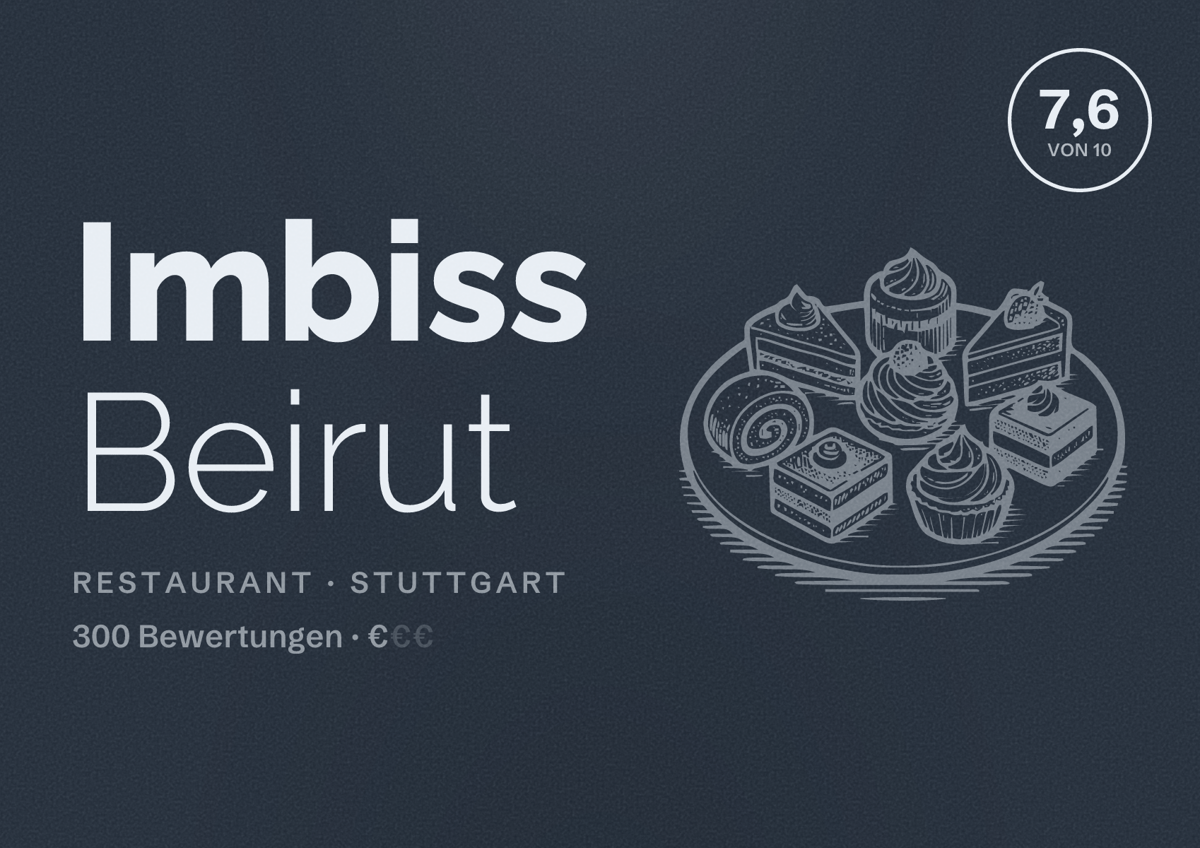Illustriertes Poster von Imbiss Beirut, Restaurant in Stuttgart: Bewertung 7,6 von 10 aus 300 Bewertungen, Preisniveau €