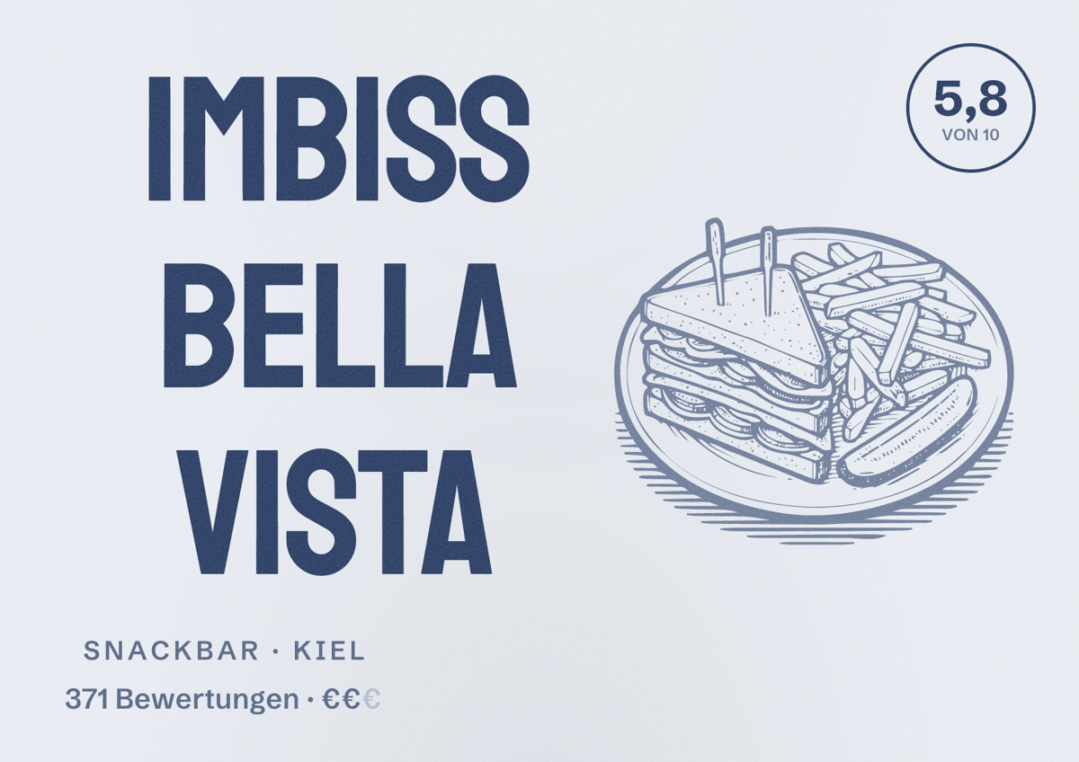 Illustriertes Poster von Imbiss Bella Vista, Snackbar in Kiel: Bewertung 5,8 von 10 aus 371 Bewertungen, Preisniveau €€