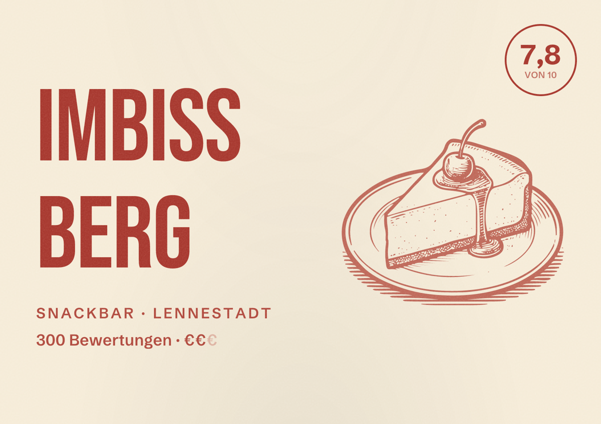 Illustriertes Poster von Imbiss Berg, Snackbar in Lennestadt: Bewertung 7,8 von 10 aus 300 Bewertungen, Preisniveau €€