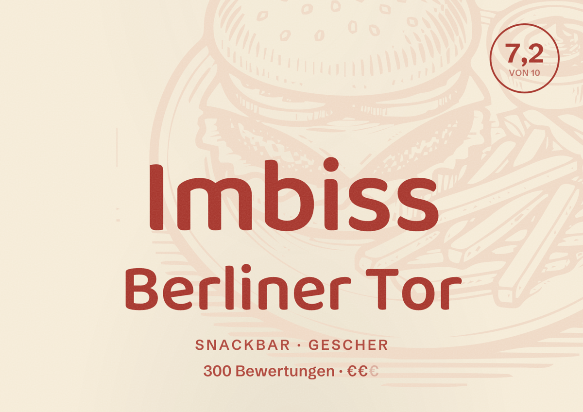 Illustriertes Poster von Imbiss Berliner Tor, Snackbar in Gescher: Bewertung 7,2 von 10 aus 300 Bewertungen, Preisniveau €€