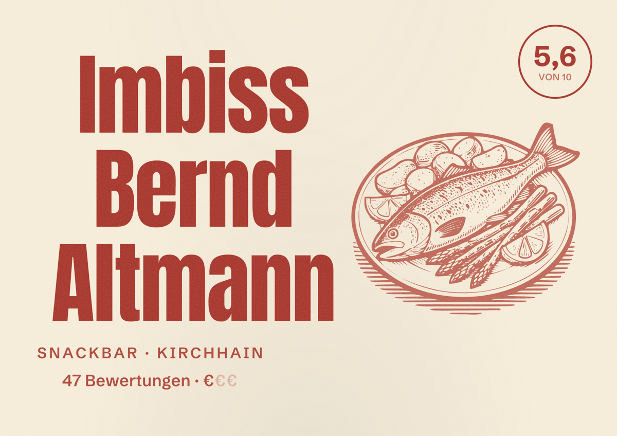 Illustriertes Poster von Imbiss Bernd Altmann, Snackbar in Kirchhain: Bewertung 5,6 von 10 aus 47 Bewertungen, Preisniveau €