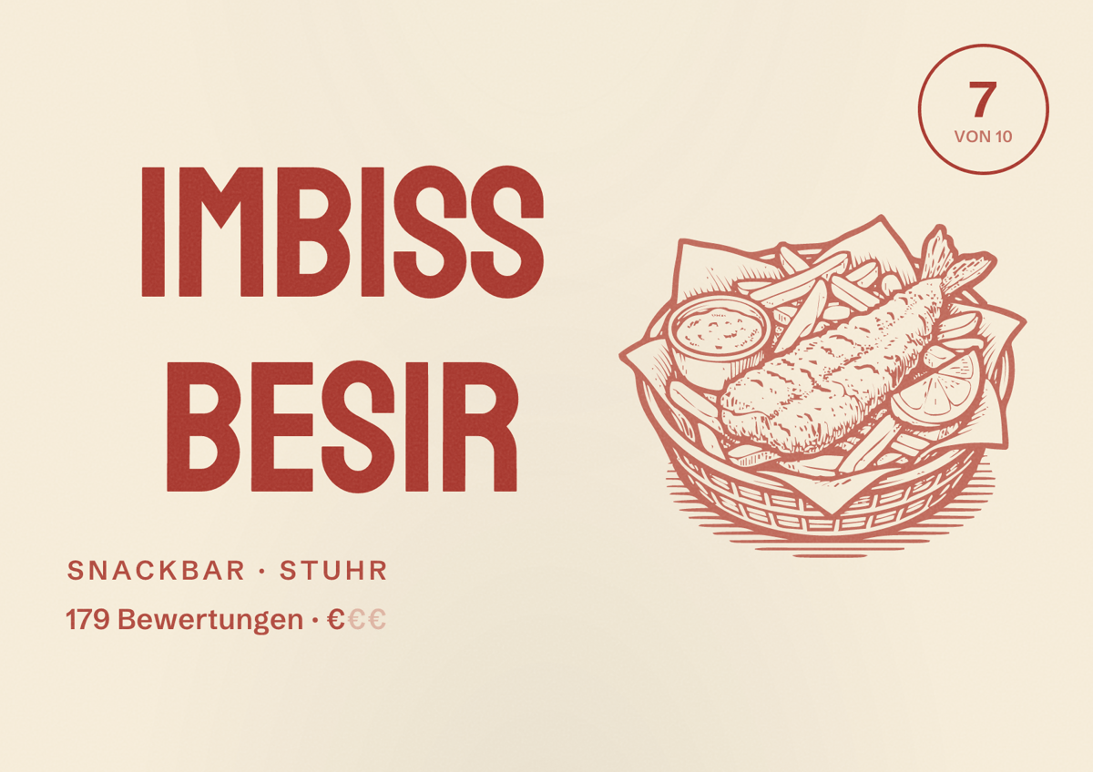 Illustriertes Poster von Imbiss Besir, Snackbar in Stuhr: Bewertung 7 von 10 aus 179 Bewertungen, Preisniveau €