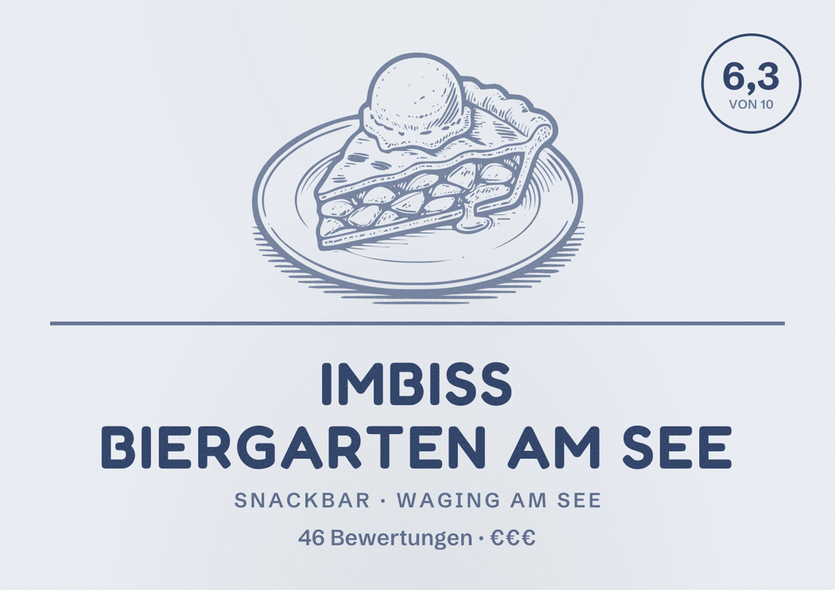 Illustriertes Poster von Imbiss Biergarten am See, Snackbar in Waging am See: Bewertung 6,3 von 10 aus 46 Bewertungen, Preisniveau €€€
