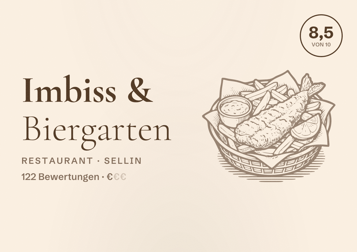 Illustriertes Poster von Imbiss & Biergarten, Restaurant in Sellin: Bewertung 8,5 von 10 aus 122 Bewertungen, Preisniveau €