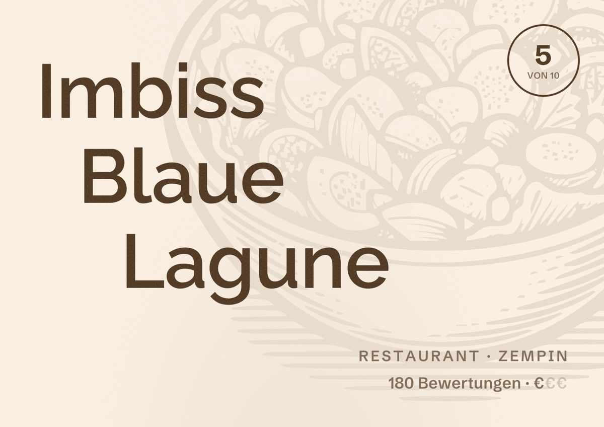 Illustriertes Poster von Imbiss Blaue Lagune, Restaurant in Zempin: Bewertung 5 von 10 aus 180 Bewertungen, Preisniveau €