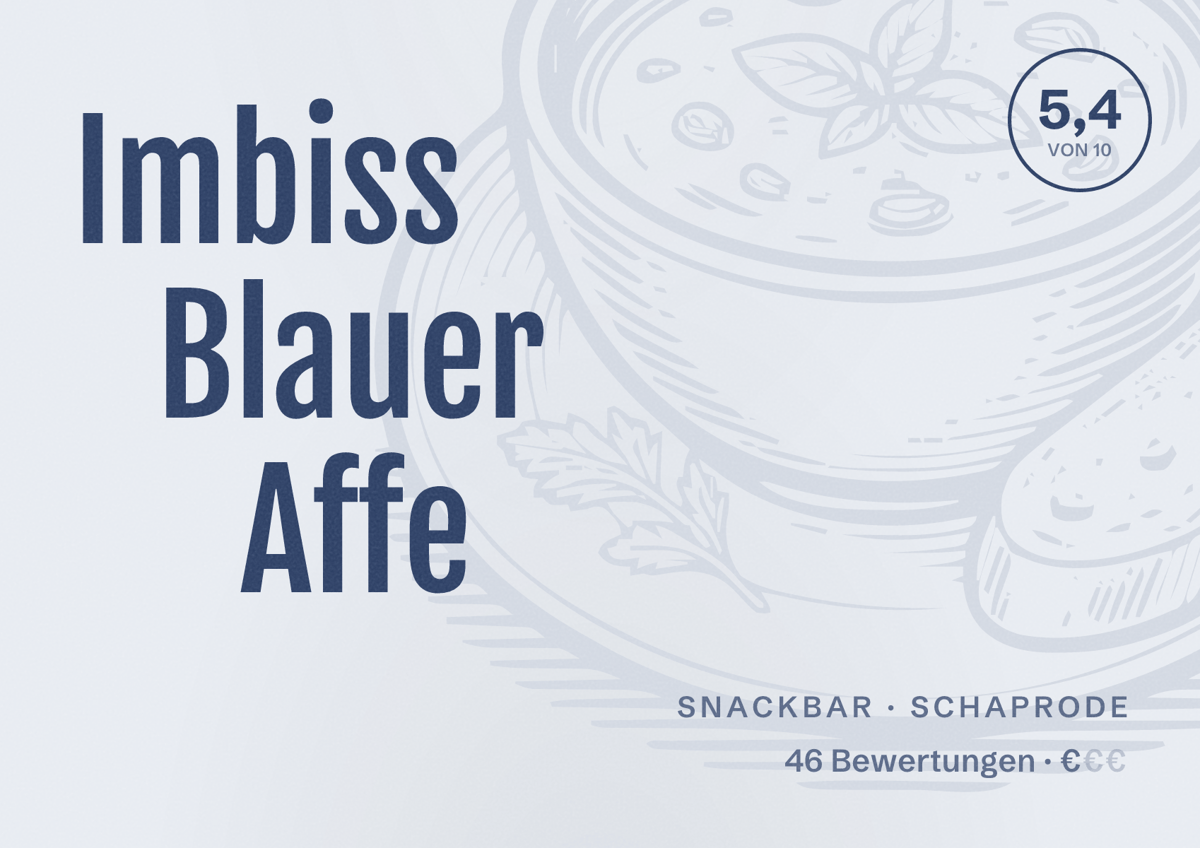 Illustriertes Poster von Imbiss Blauer Affe, Snackbar in Schaprode: Bewertung 5,4 von 10 aus 46 Bewertungen, Preisniveau €
