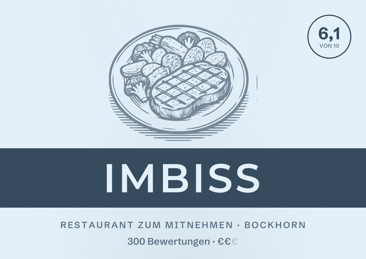 Illustriertes Poster von Imbiss, Restaurant zum Mitnehmen in Bockhorn: Bewertung 6,1 von 10 aus 300 Bewertungen, Preisniveau €€