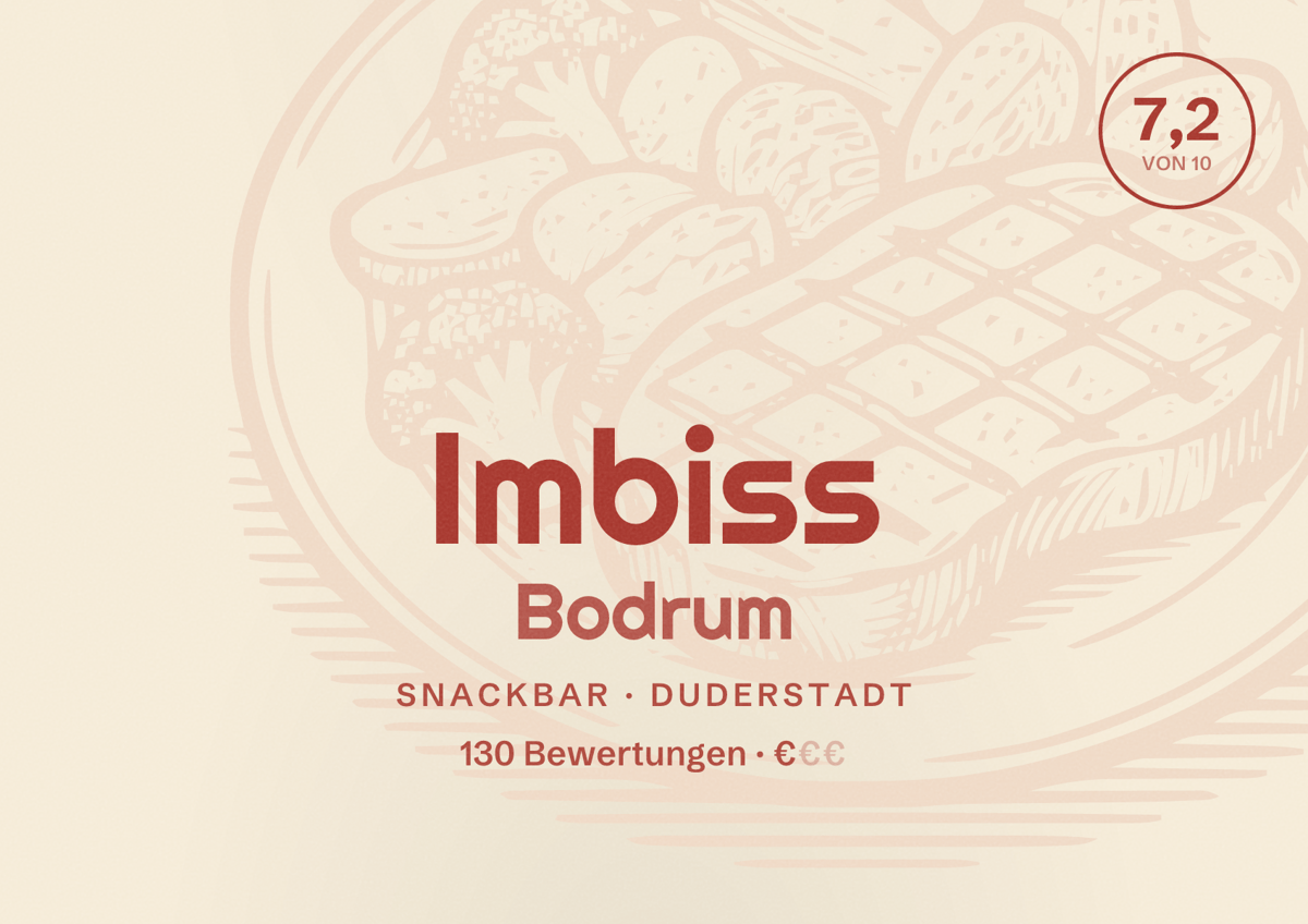 Illustriertes Poster von Imbiss Bodrum, Snackbar in Duderstadt: Bewertung 7,2 von 10 aus 130 Bewertungen, Preisniveau €