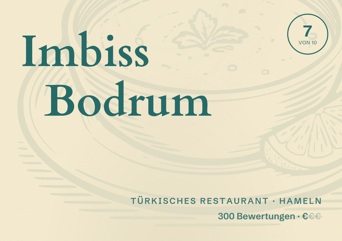 Illustriertes Poster von Imbiss Bodrum, Türkisches Restaurant in Hameln: Bewertung 7 von 10 aus 300 Bewertungen, Preisniveau €
