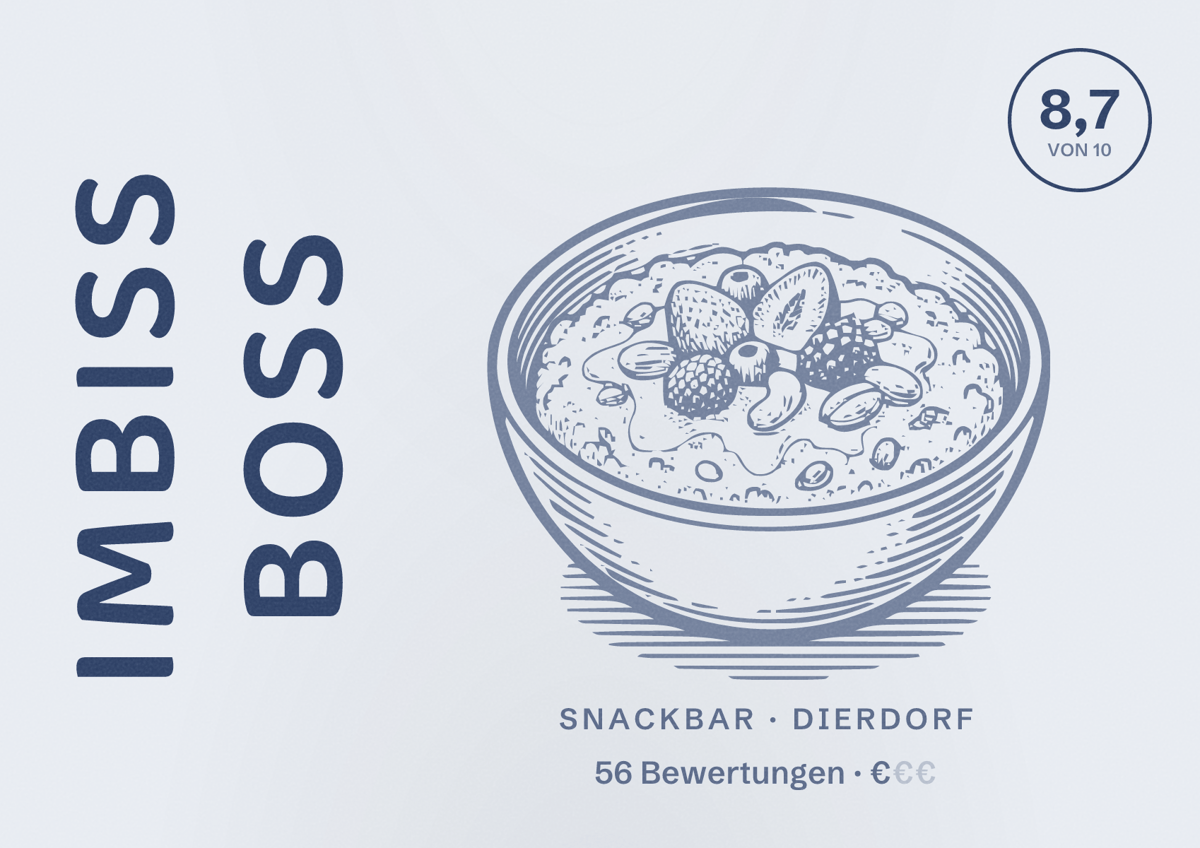 Illustriertes Poster von Imbiss Boss, Snackbar in Dierdorf: Bewertung 8,7 von 10 aus 56 Bewertungen, Preisniveau €
