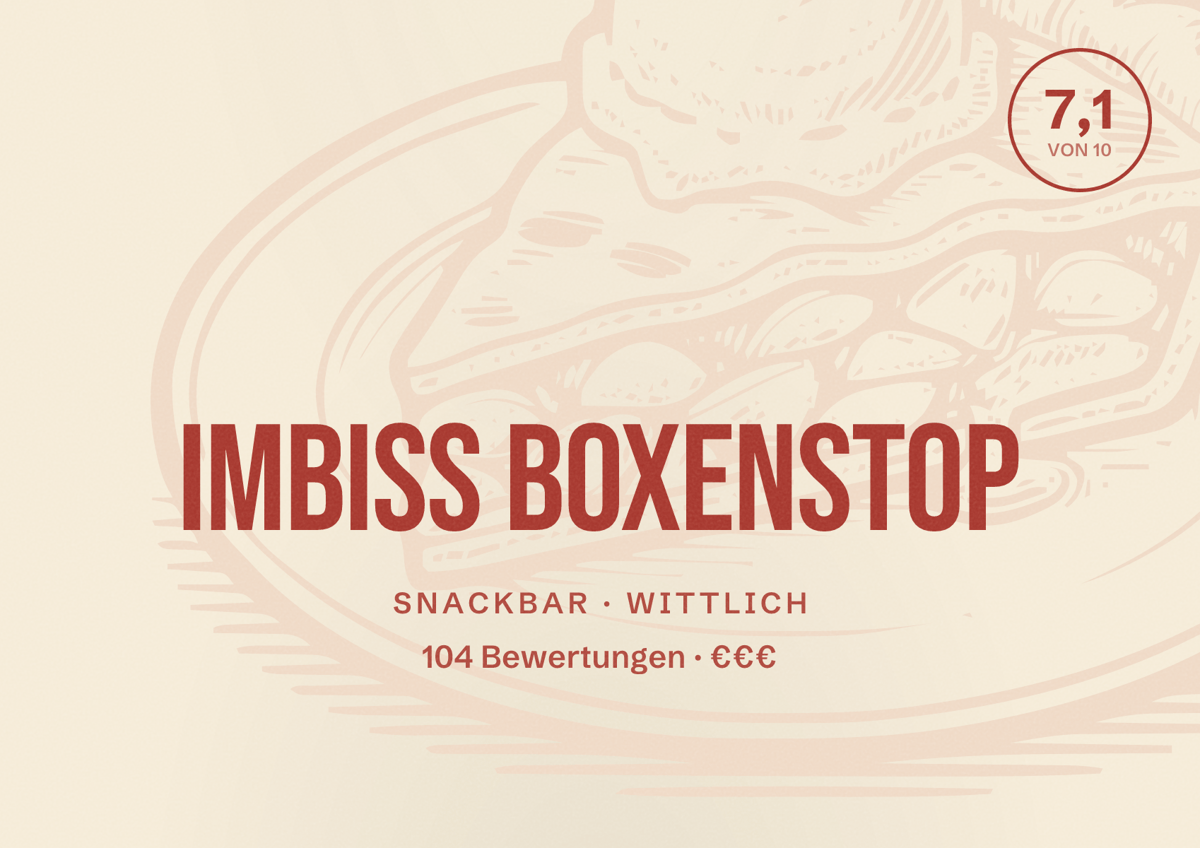 Illustriertes Poster von Imbiss Boxenstop, Snackbar in Wittlich: Bewertung 7,1 von 10 aus 104 Bewertungen, Preisniveau €€€