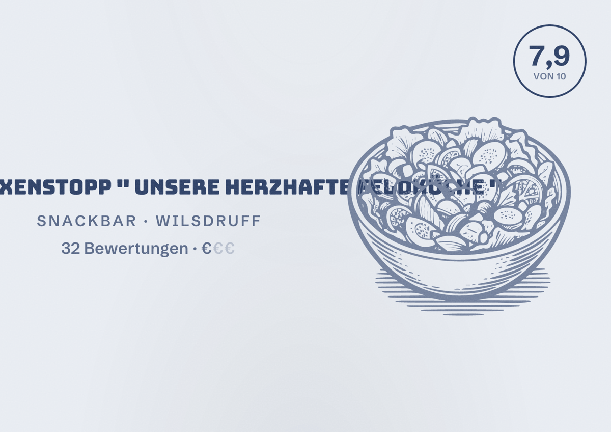 Illustriertes Poster von Imbiss Boxenstopp " Unsere herzhafte Feldküche ", Snackbar in Wilsdruff: Bewertung 7,9 von 10 aus 32 Bewertungen, Preisniveau €