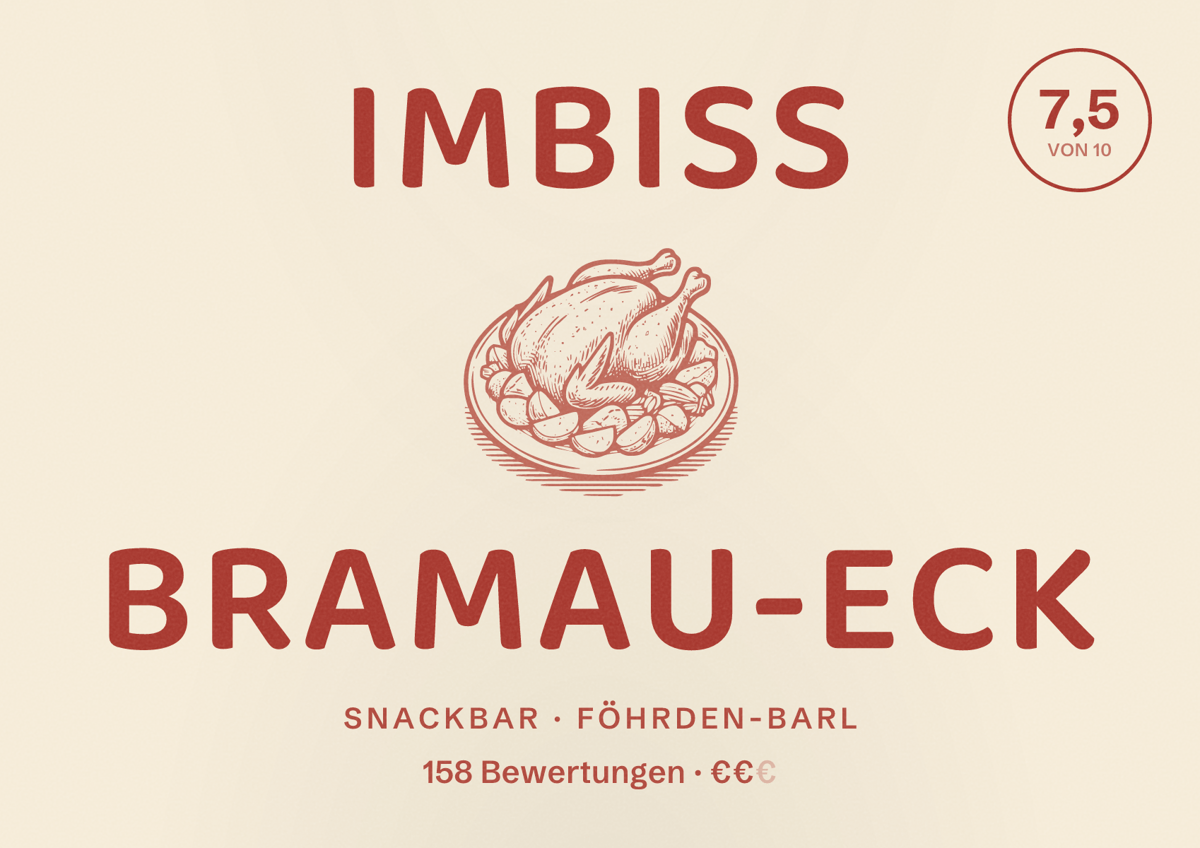 Illustriertes Poster von Imbiss Bramau-Eck, Snackbar in Föhrden-Barl: Bewertung 7,5 von 10 aus 158 Bewertungen, Preisniveau €€