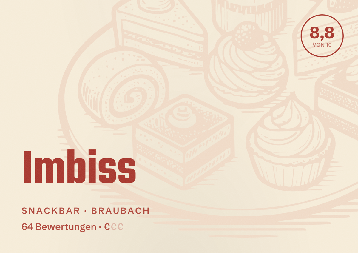 Illustriertes Poster von Imbiss, Snackbar in Braubach: Bewertung 8,8 von 10 aus 64 Bewertungen, Preisniveau €
