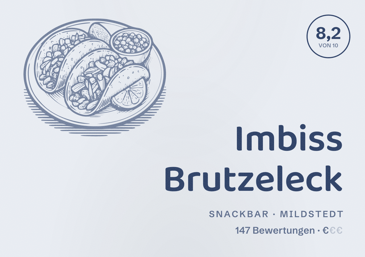 Illustriertes Poster von Imbiss Brutzeleck, Snackbar in Mildstedt: Bewertung 8,2 von 10 aus 147 Bewertungen, Preisniveau €