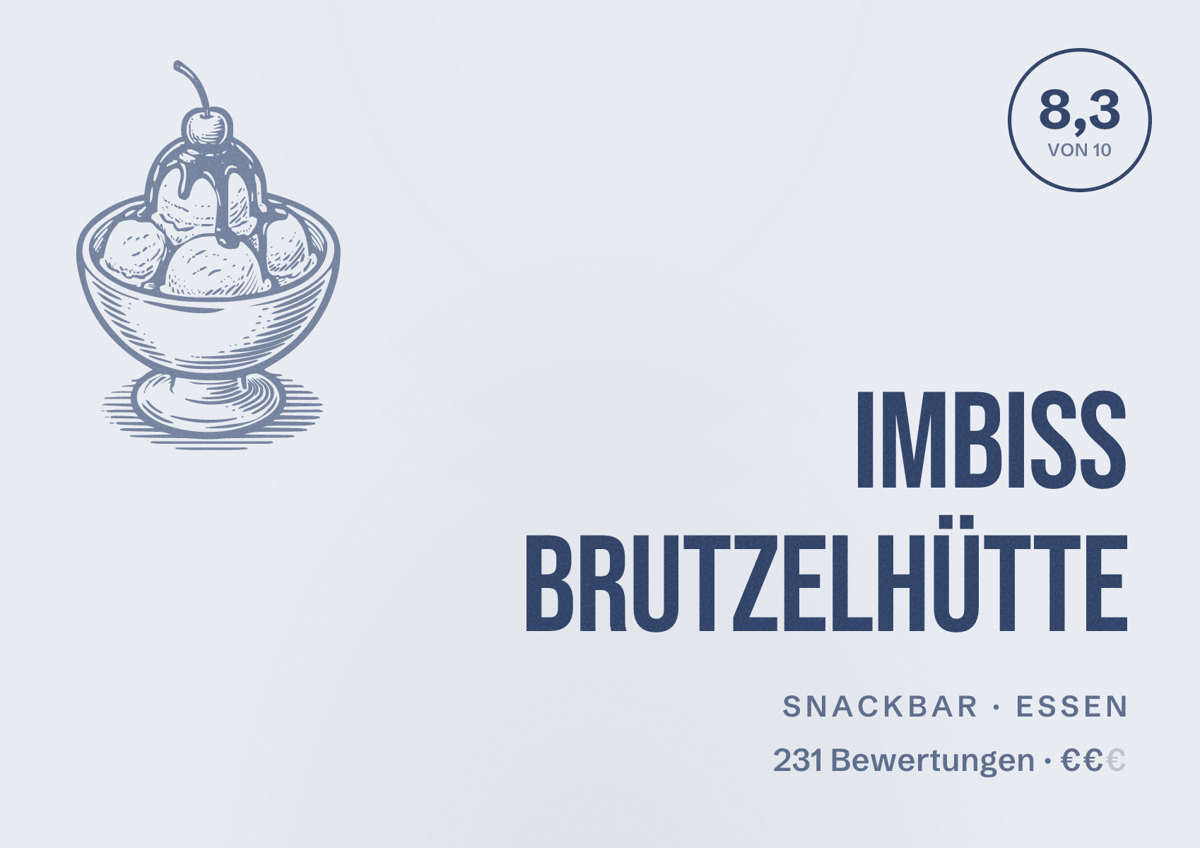 Illustriertes Poster von Imbiss Brutzelhütte, Snackbar in Essen: Bewertung 8,3 von 10 aus 231 Bewertungen, Preisniveau €€