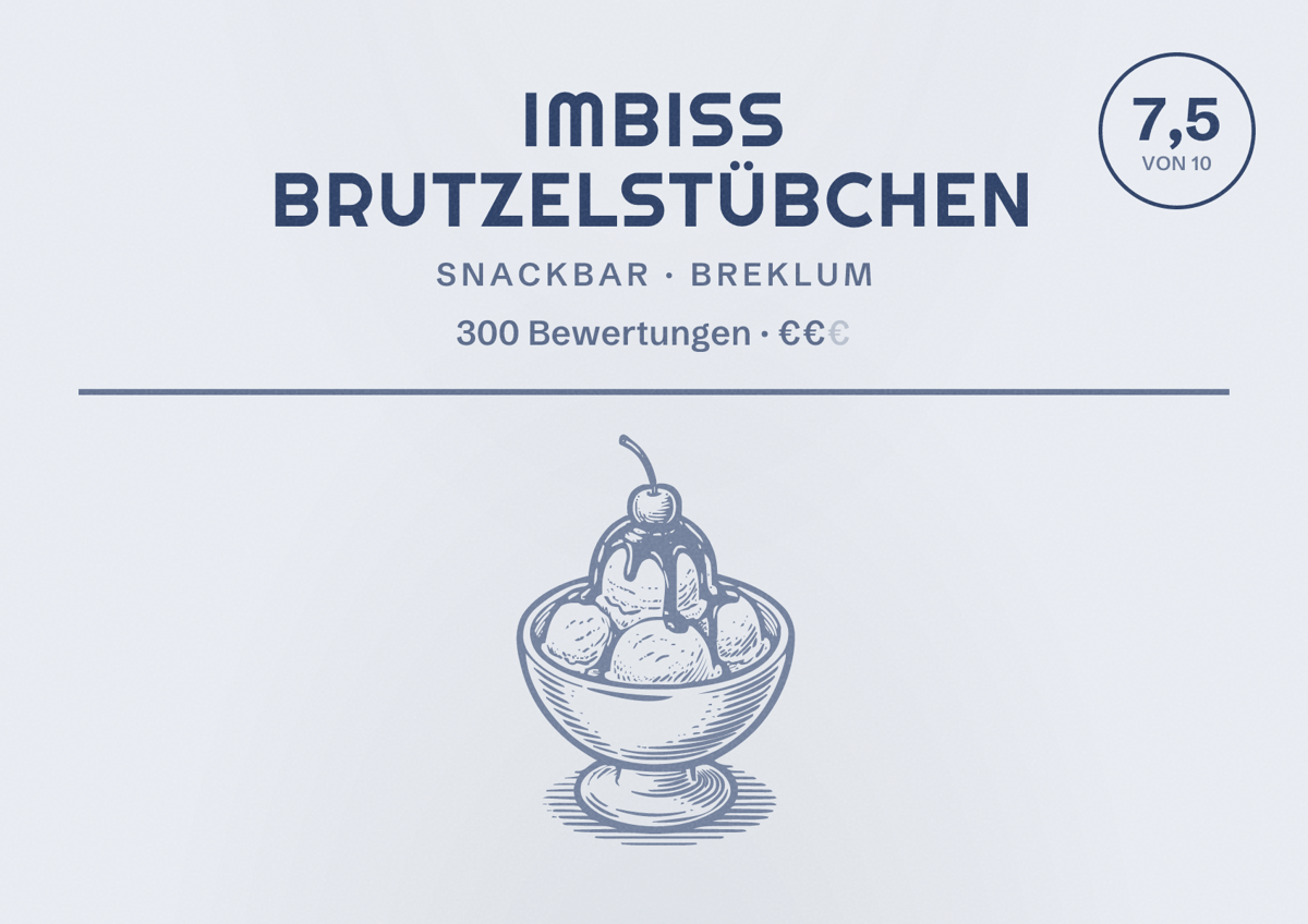 Illustriertes Poster von Imbiss Brutzelstübchen, Snackbar in Breklum: Bewertung 7,5 von 10 aus 300 Bewertungen, Preisniveau €€