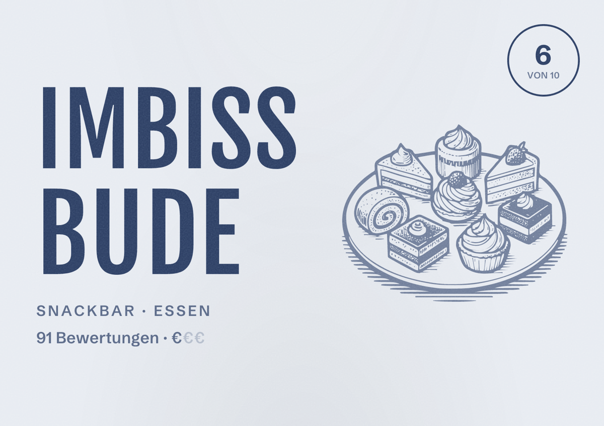 Illustriertes Poster von Imbiss Bude, Snackbar in Essen: Bewertung 6 von 10 aus 91 Bewertungen, Preisniveau €