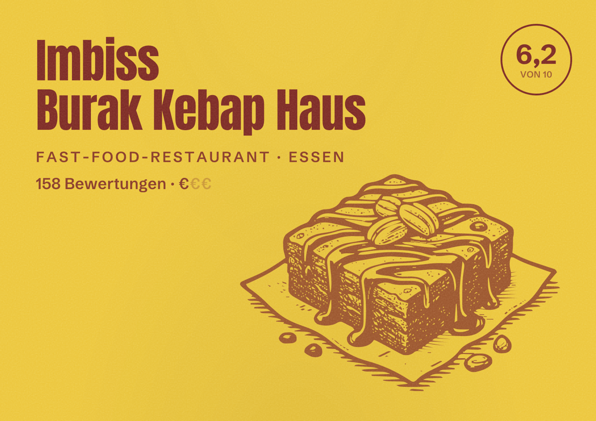 Illustriertes Poster von Imbiss Burak Kebap Haus, Fast-Food-Restaurant in Essen: Bewertung 6,2 von 10 aus 158 Bewertungen, Preisniveau €