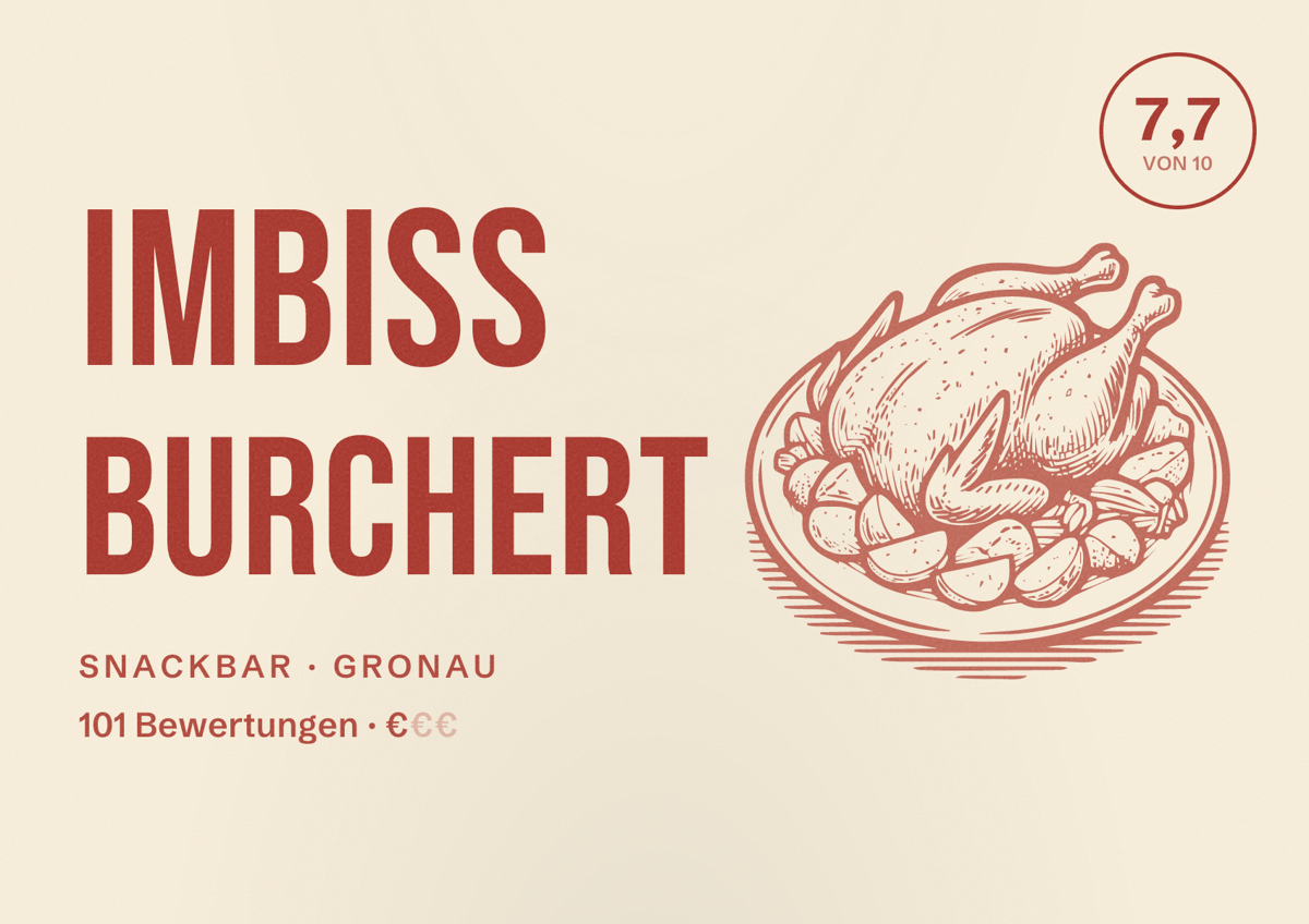 Illustriertes Poster von Imbiss Burchert, Snackbar in Gronau: Bewertung 7,7 von 10 aus 101 Bewertungen, Preisniveau €