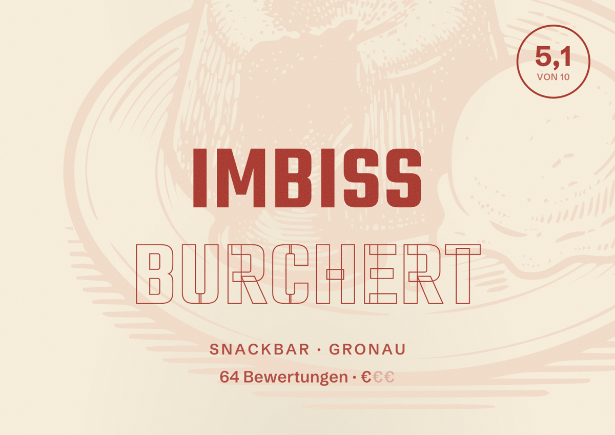 Illustriertes Poster von Imbiss Burchert, Snackbar in Gronau: Bewertung 5,1 von 10 aus 64 Bewertungen, Preisniveau €