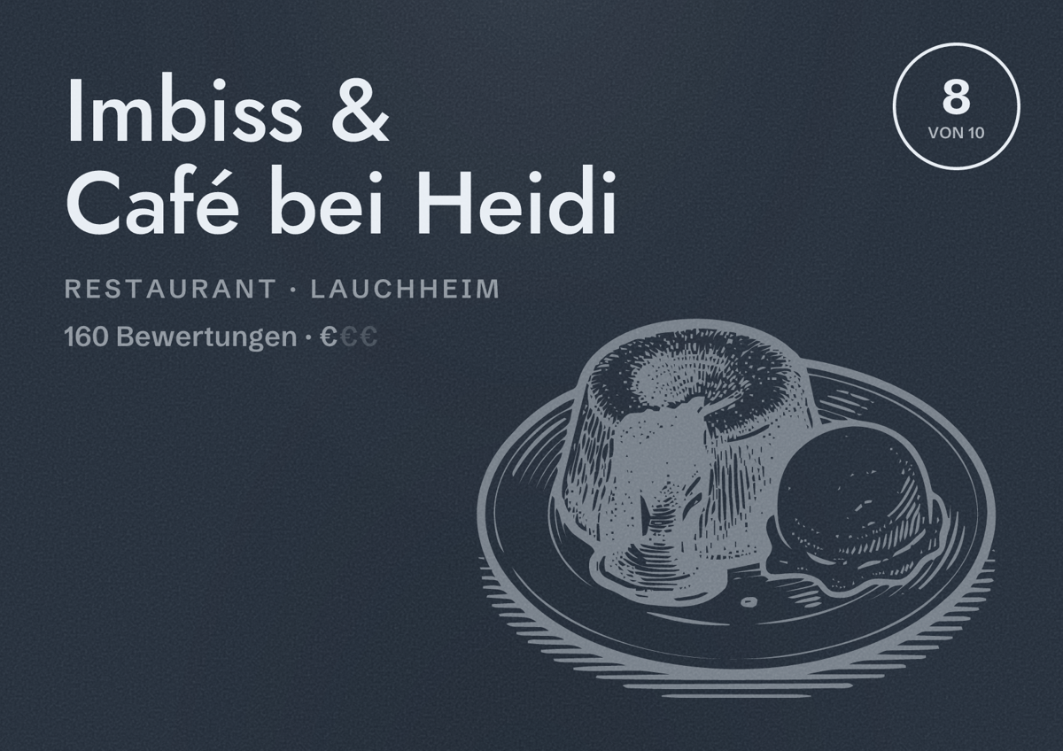 Illustriertes Poster von Imbiss & Café bei Heidi, Restaurant in Lauchheim: Bewertung 8 von 10 aus 160 Bewertungen, Preisniveau €