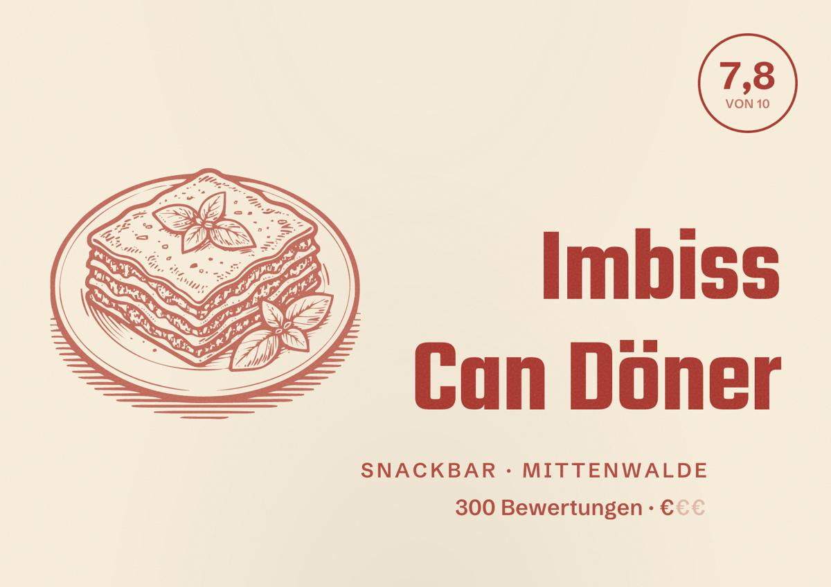 Illustriertes Poster von Imbiss Can Döner, Snackbar in Mittenwalde: Bewertung 7,8 von 10 aus 300 Bewertungen, Preisniveau €