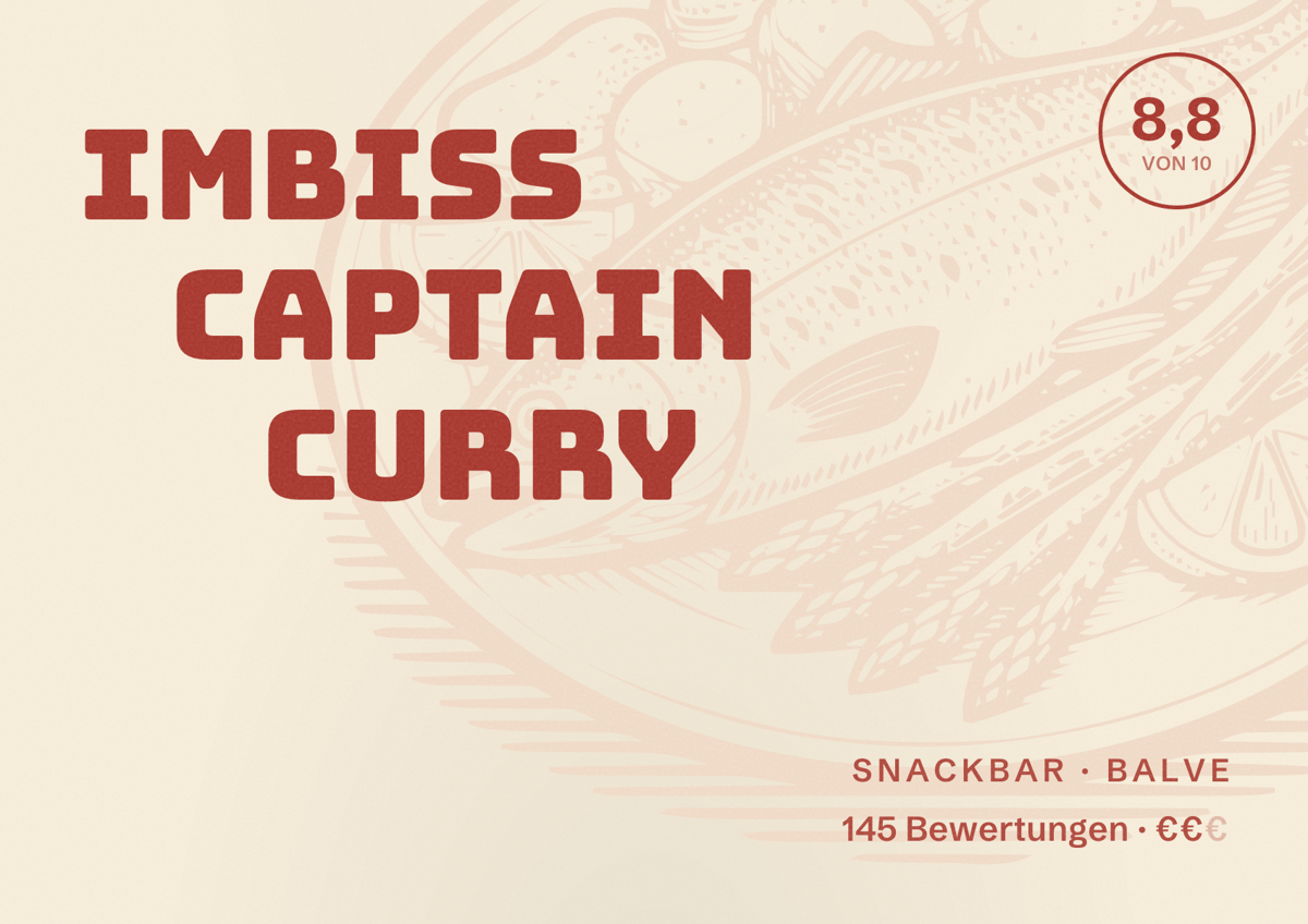Illustriertes Poster von Imbiss Captain Curry, Snackbar in Balve: Bewertung 8,8 von 10 aus 145 Bewertungen, Preisniveau €€