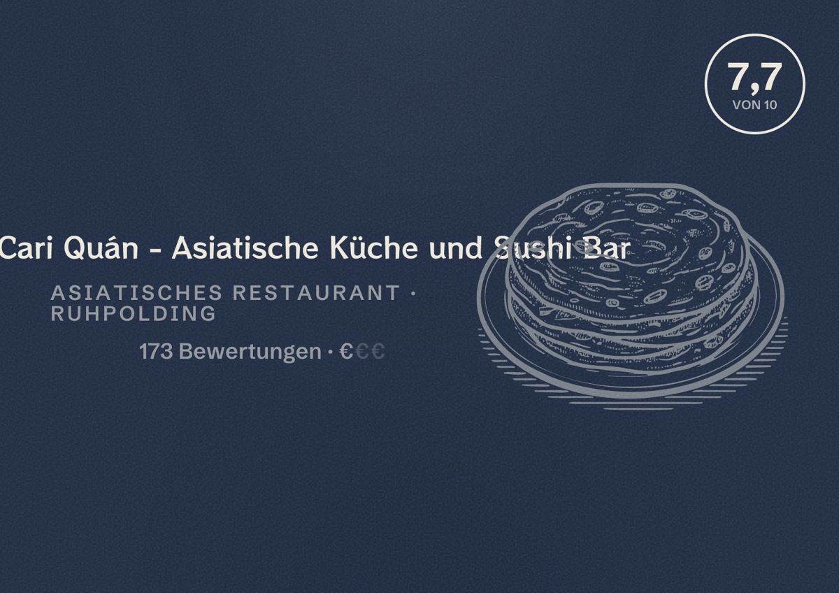 Illustriertes Poster von Imbiss Cari Quán - Asiatische Küche und Sushi Bar, Asiatisches Restaurant in Ruhpolding: Bewertung 7,7 von 10 aus 173 Bewertungen, Preisniveau €