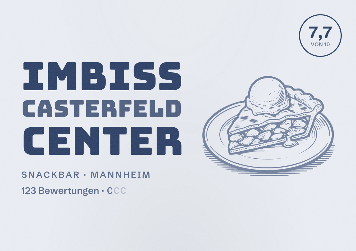 Illustriertes Poster von Imbiss Casterfeld Center, Snackbar in Mannheim: Bewertung 7,7 von 10 aus 123 Bewertungen, Preisniveau €