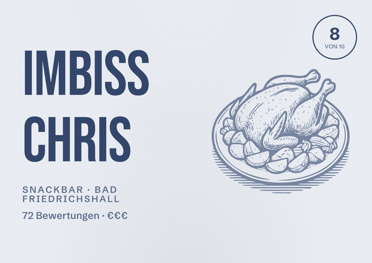 Illustriertes Poster von Imbiss Chris, Snackbar in Bad Friedrichshall: Bewertung 8 von 10 aus 72 Bewertungen, Preisniveau €€€