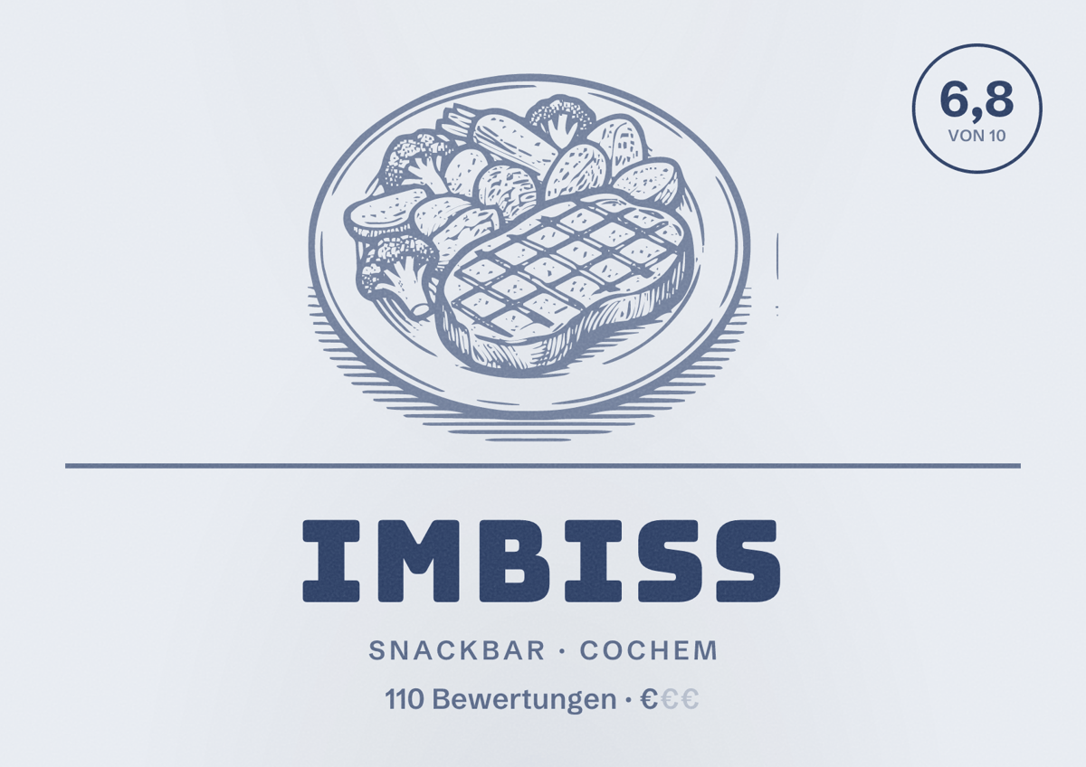 Illustriertes Poster von Imbiss, Snackbar in Cochem: Bewertung 6,8 von 10 aus 110 Bewertungen, Preisniveau €