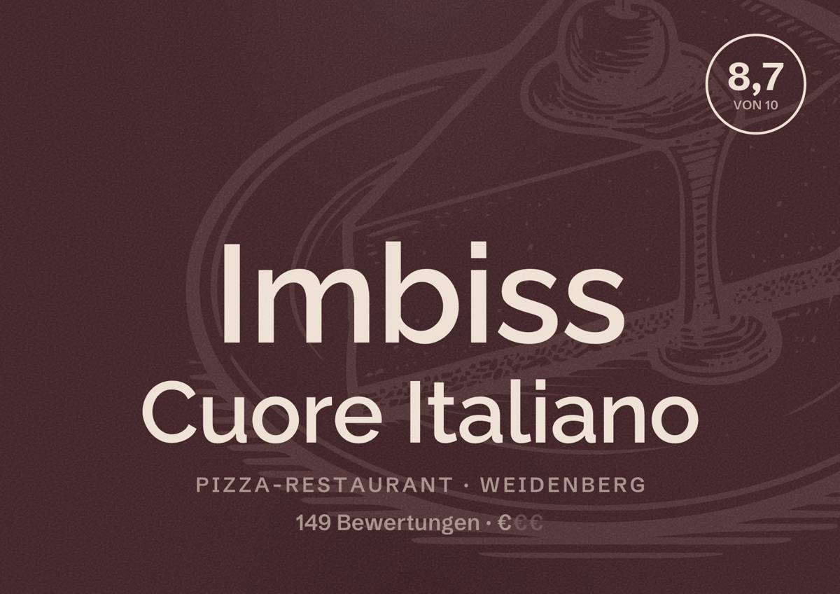 Illustriertes Poster von Imbiss Cuore Italiano, Pizza-Restaurant in Weidenberg: Bewertung 8,7 von 10 aus 149 Bewertungen, Preisniveau €