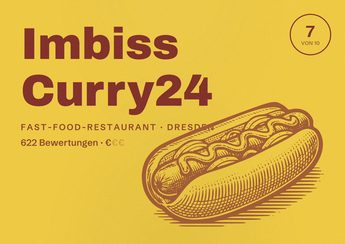 Illustriertes Poster von Imbiss Curry24, Fast-Food-Restaurant in Dresden: Bewertung 7 von 10 aus 622 Bewertungen, Preisniveau €