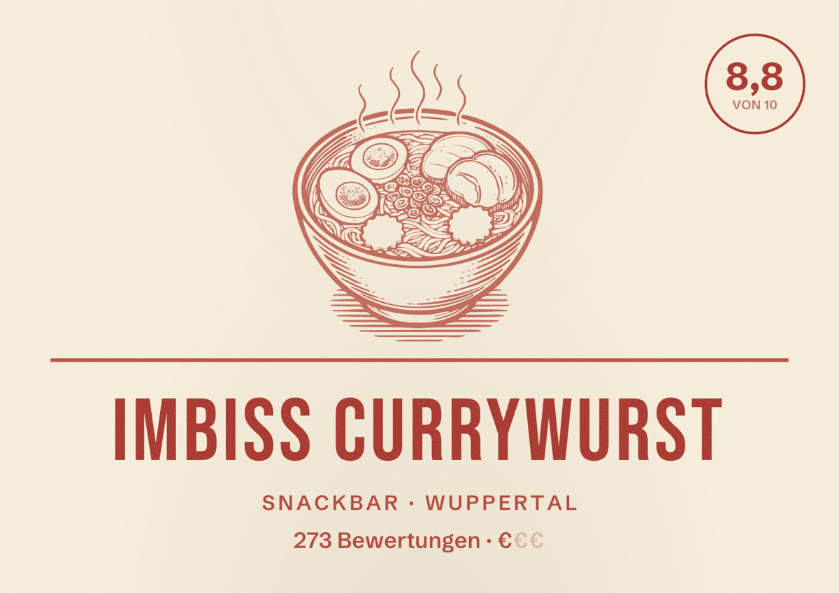 Illustriertes Poster von Imbiss Currywurst, Snackbar in Wuppertal: Bewertung 8,8 von 10 aus 273 Bewertungen, Preisniveau €