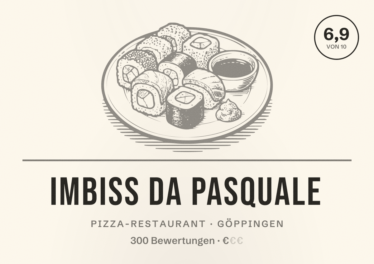 Illustriertes Poster von Imbiss da Pasquale, Pizza-Restaurant in Göppingen: Bewertung 6,9 von 10 aus 300 Bewertungen, Preisniveau €