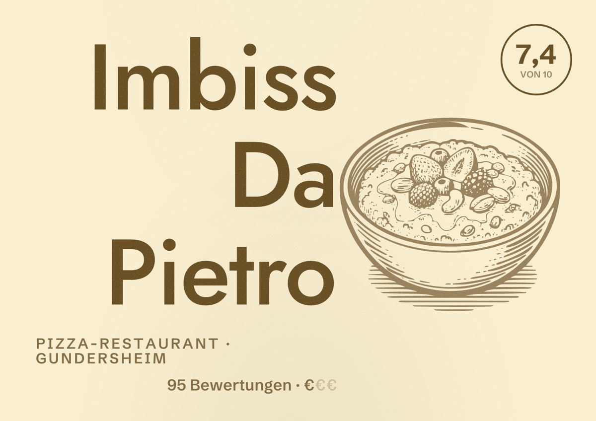 Illustriertes Poster von Imbiss Da Pietro, Pizza-Restaurant in Gundersheim: Bewertung 7,4 von 10 aus 95 Bewertungen, Preisniveau €