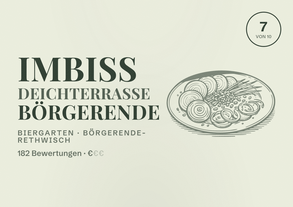 Illustriertes Poster von Imbiss Deichterrasse Börgerende, Biergarten in Börgerende-Rethwisch: Bewertung 7 von 10 aus 182 Bewertungen, Preisniveau €
