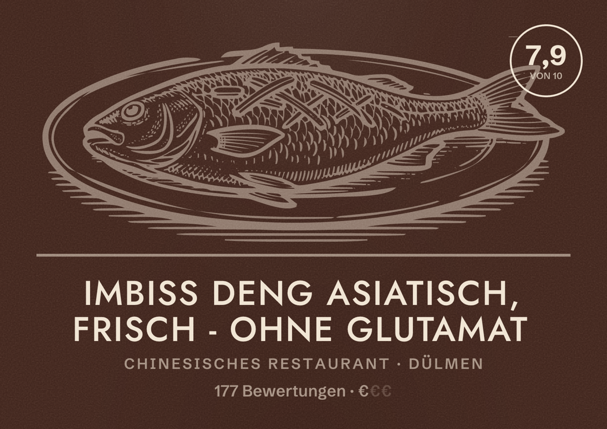 Illustriertes Poster von Imbiss DENG Asiatisch, frisch - ohne Glutamat, Chinesisches Restaurant in Dülmen: Bewertung 7,9 von 10 aus 177 Bewertungen, Preisniveau €