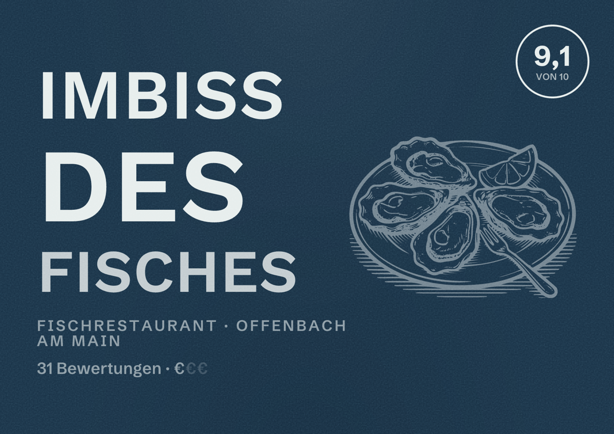 Illustriertes Poster von Imbiss des Fisches, Fischrestaurant in Offenbach am Main: Bewertung 9,1 von 10 aus 31 Bewertungen, Preisniveau €