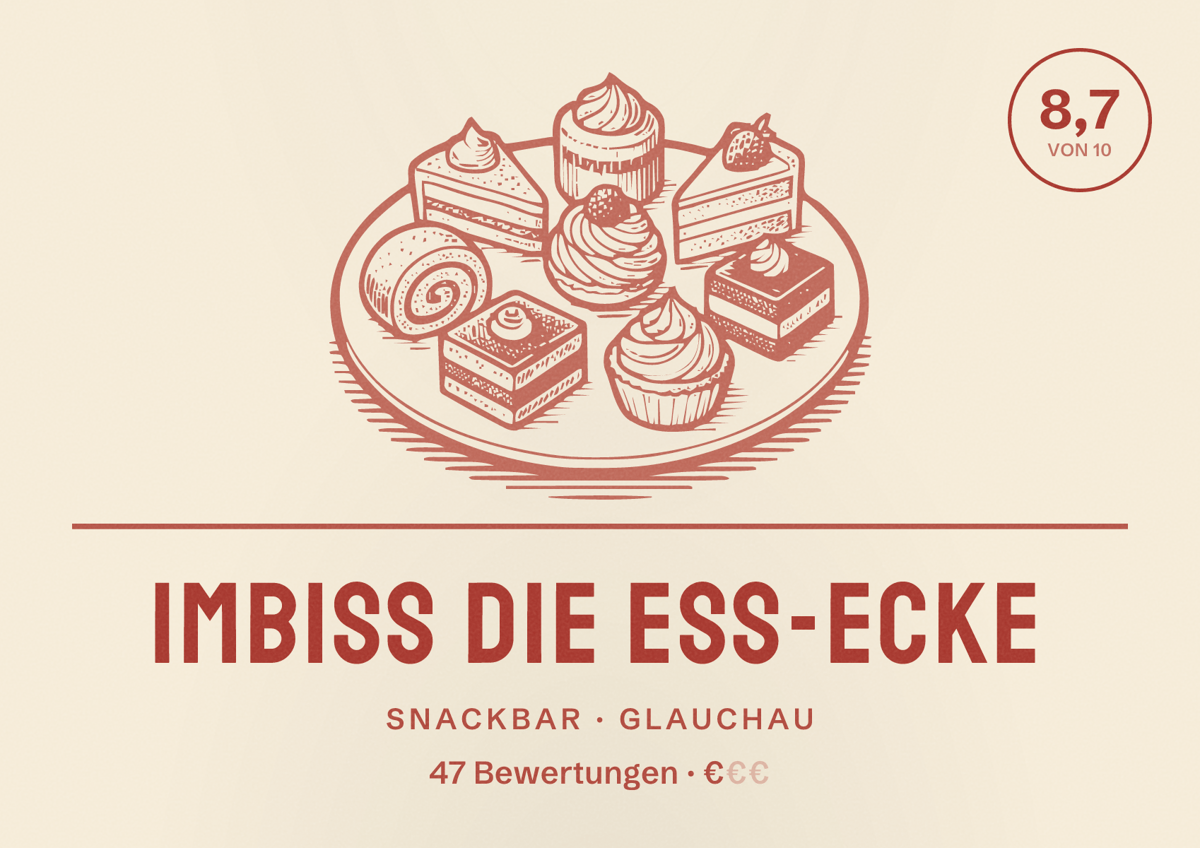 Illustriertes Poster von Imbiss Die Ess-Ecke, Snackbar in Glauchau: Bewertung 8,7 von 10 aus 47 Bewertungen, Preisniveau €