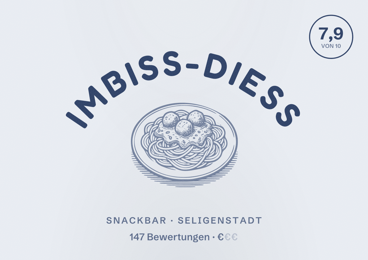 Illustriertes Poster von Imbiss-Diess, Snackbar in Seligenstadt: Bewertung 7,9 von 10 aus 147 Bewertungen, Preisniveau €