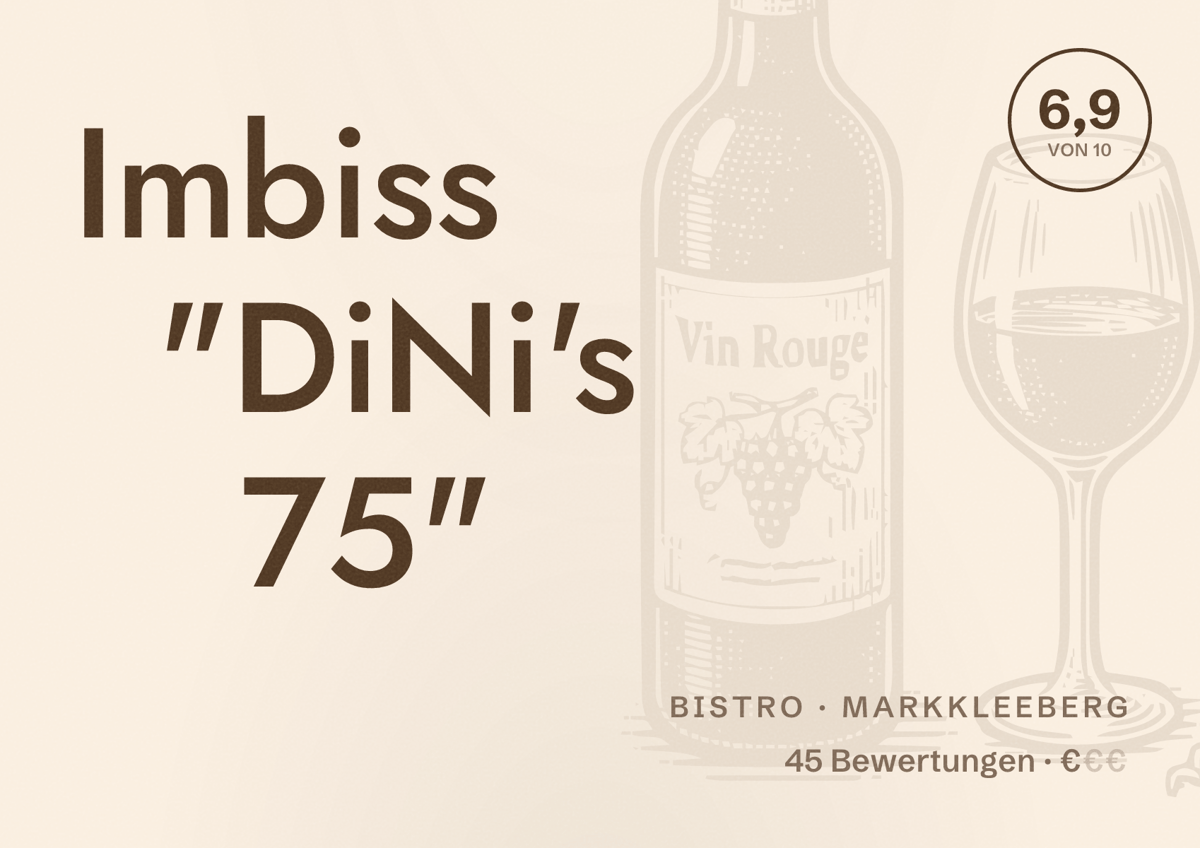 Illustriertes Poster von Imbiss "DiNi's 75", Bistro in Markkleeberg: Bewertung 6,9 von 10 aus 45 Bewertungen, Preisniveau €
