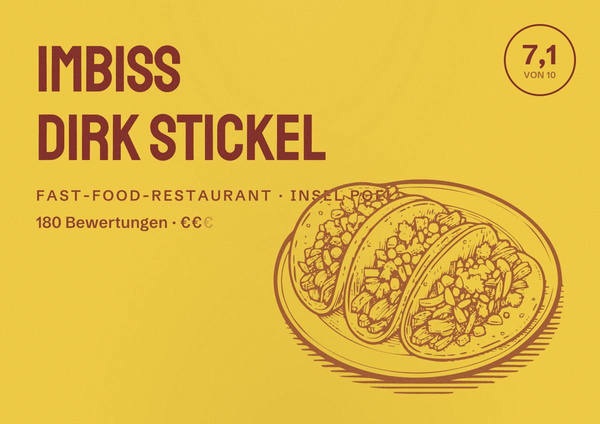 Illustriertes Poster von Imbiss Dirk Stickel, Fast-Food-Restaurant in Insel Poel: Bewertung 7,1 von 10 aus 180 Bewertungen, Preisniveau €€