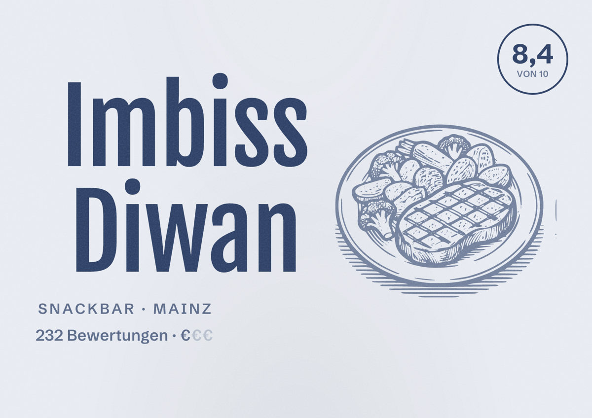 Illustriertes Poster von Imbiss Diwan, Snackbar in Mainz: Bewertung 8,4 von 10 aus 232 Bewertungen, Preisniveau €