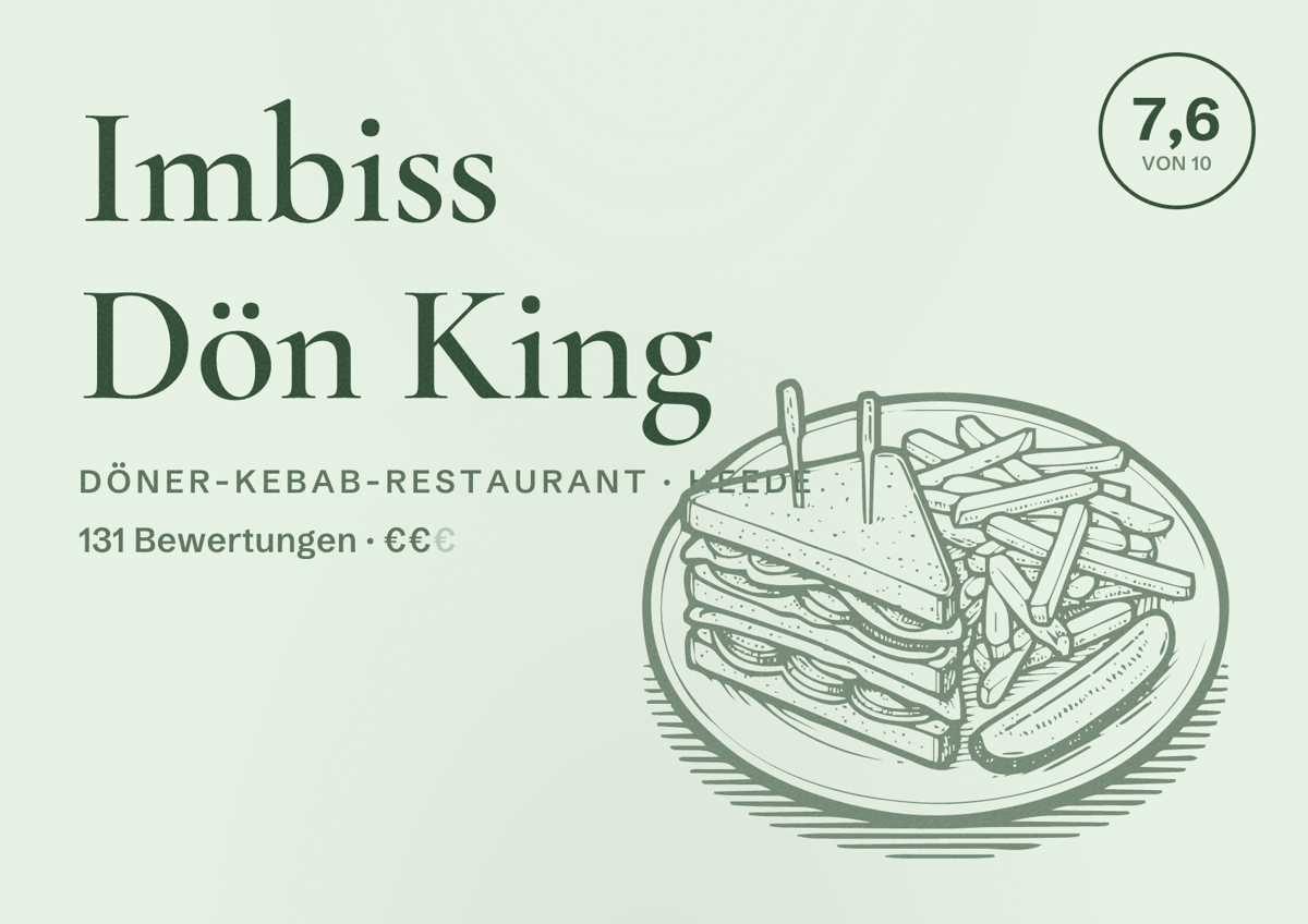 Illustriertes Poster von Imbiss Dön King, Döner-Kebab-Restaurant in Heede: Bewertung 7,6 von 10 aus 131 Bewertungen, Preisniveau €€